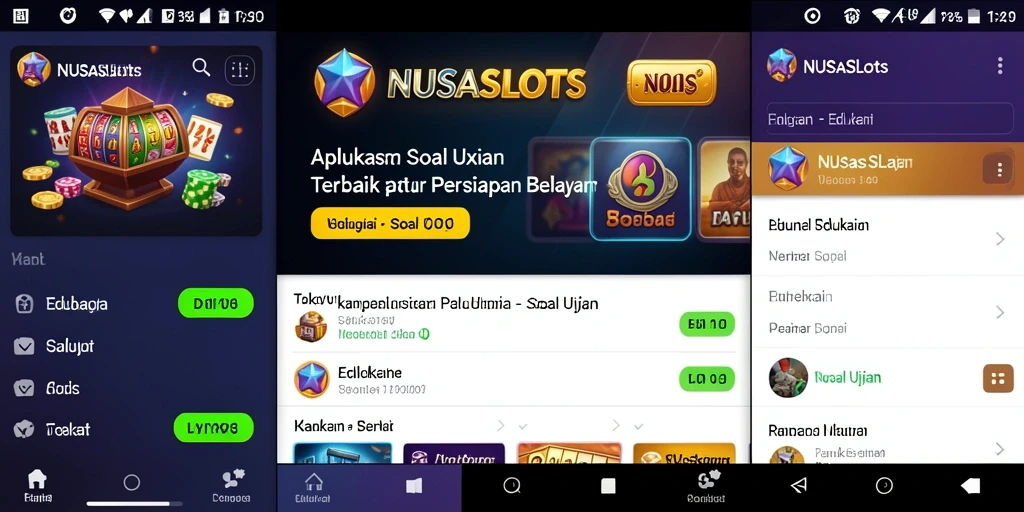 Antarmuka aplikasi NUSASLOTS dengan fungsionalitas Soal Ujian yang menarik.